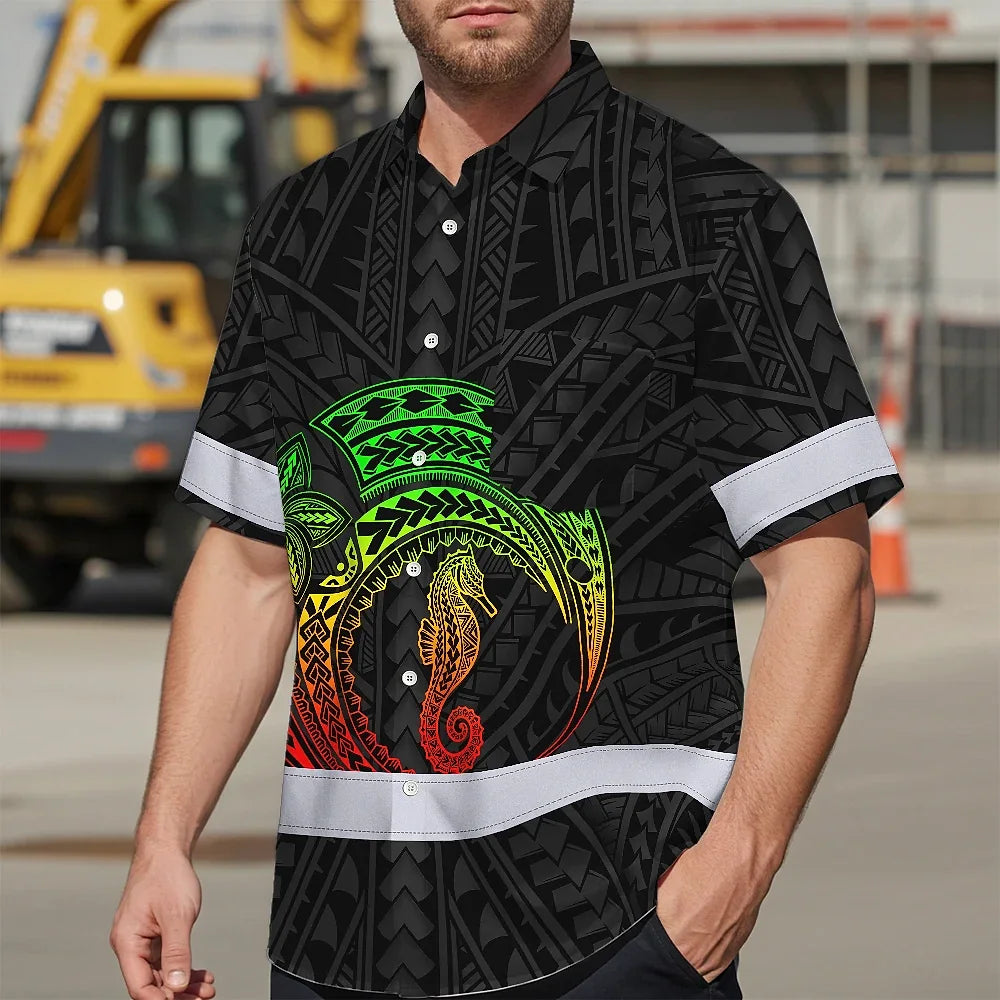 Hi Vis Hawaiian Shirt Reflective Tapes Rainbow Seahorse Polynesian Custom Name Safety Workwear For Workers, Truckers, Operators