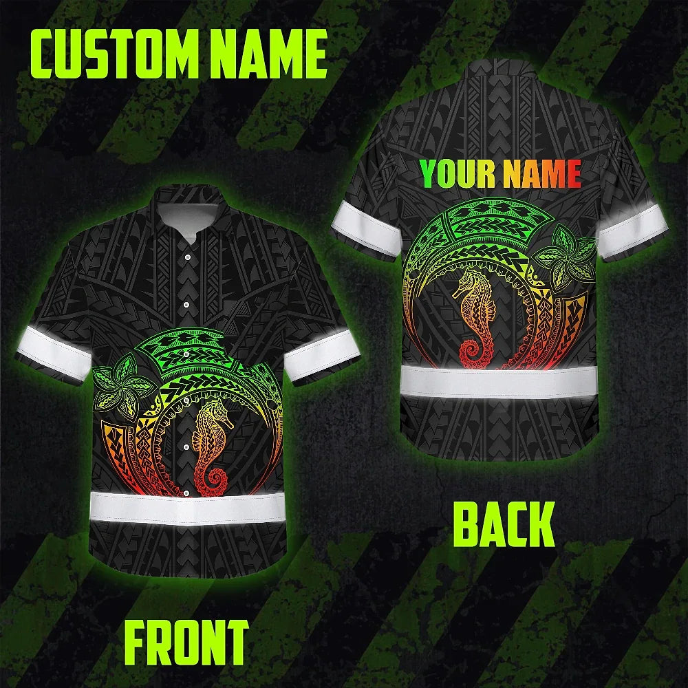 Hi Vis Hawaiian Shirt Reflective Tapes Rainbow Seahorse Polynesian Custom Name Safety Workwear For Workers, Truckers, Operators