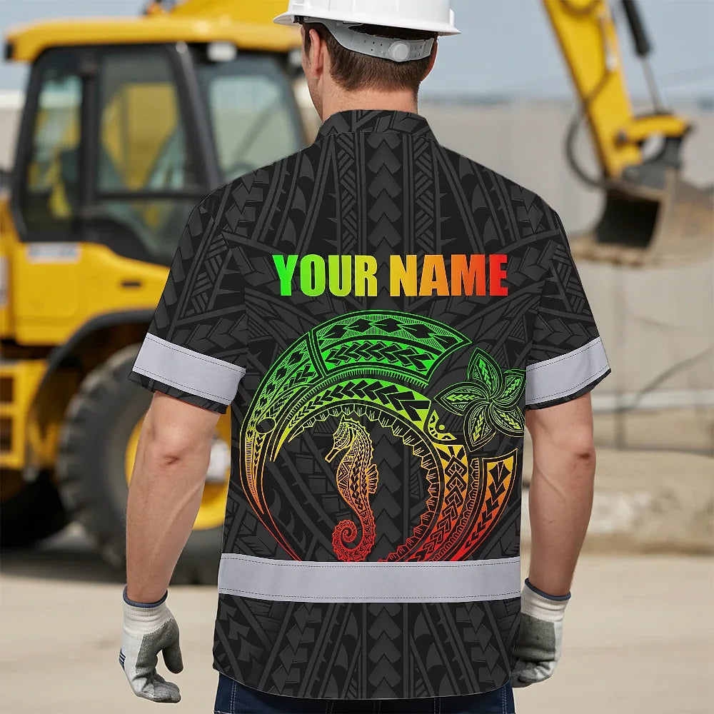 Hi Vis Hawaiian Shirt Reflective Tapes Rainbow Seahorse Polynesian Custom Name Safety Workwear For Workers, Truckers, Operators