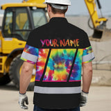 Hi Vis Hawaiian Shirt Reflective Tapes Rainbow Tie Dye Custom Name Safety Workwear For Workers, Runners, Cyclists