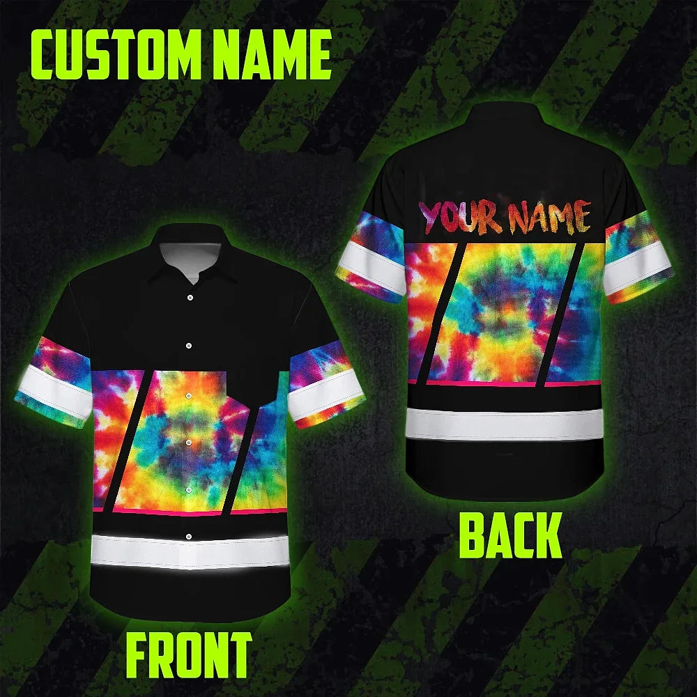 Hi Vis Hawaiian Shirt Reflective Tapes Rainbow Tie Dye Custom Name Safety Workwear For Workers, Runners, Cyclists
