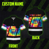 Hi Vis Hawaiian Shirt Reflective Tapes Rainbow Tie Dye Custom Name Safety Workwear For Workers, Runners, Cyclists