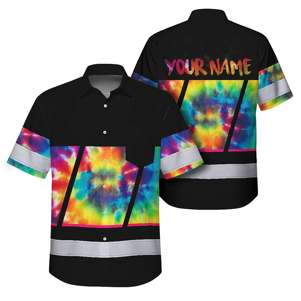 Hi Vis Hawaiian Shirt Reflective Tapes Rainbow Tie Dye Custom Name Safety Workwear For Workers, Runners, Cyclists