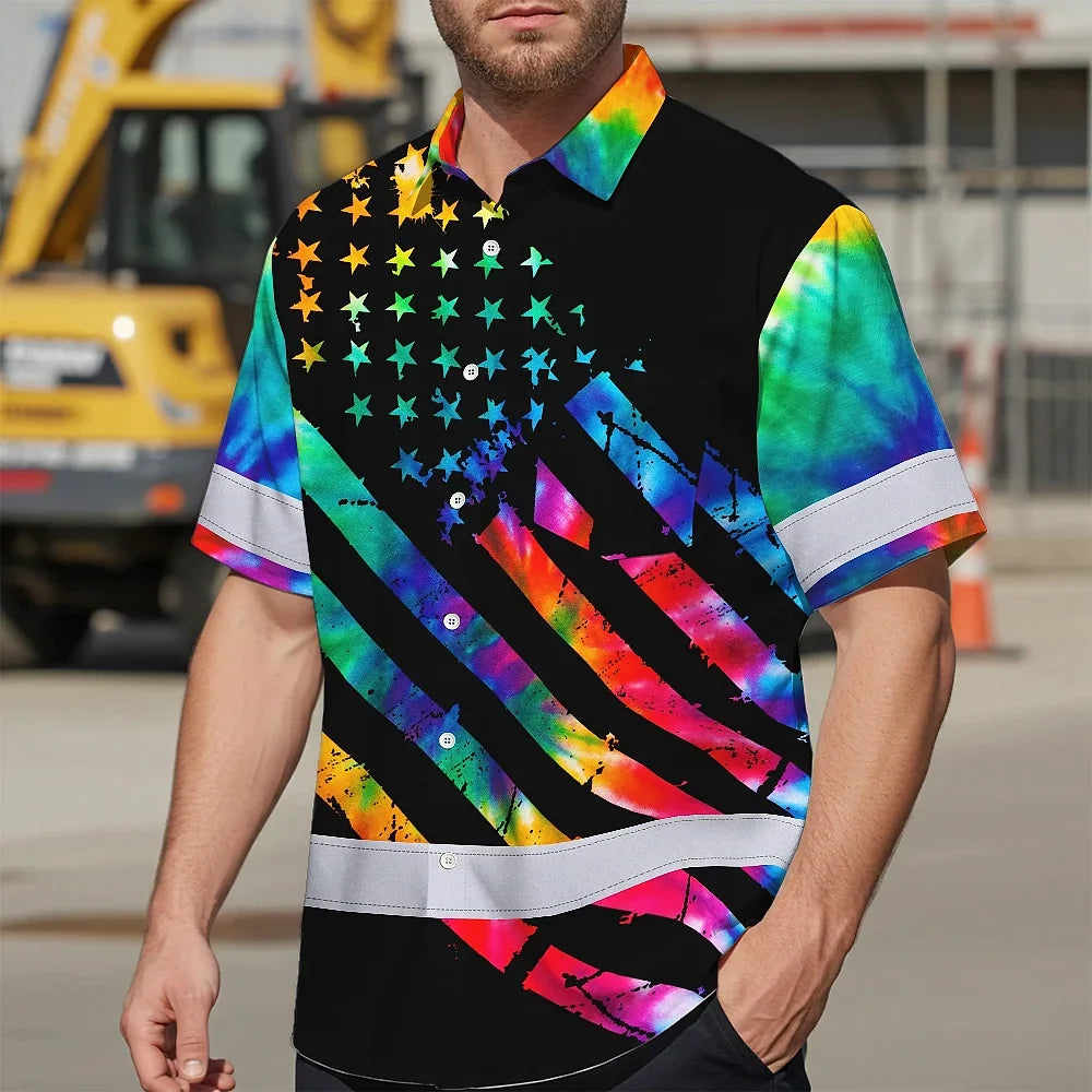 Hi Vis Hawaiian Shirt Reflective Tapes Rainbow Tie Dye Safety Workwear
