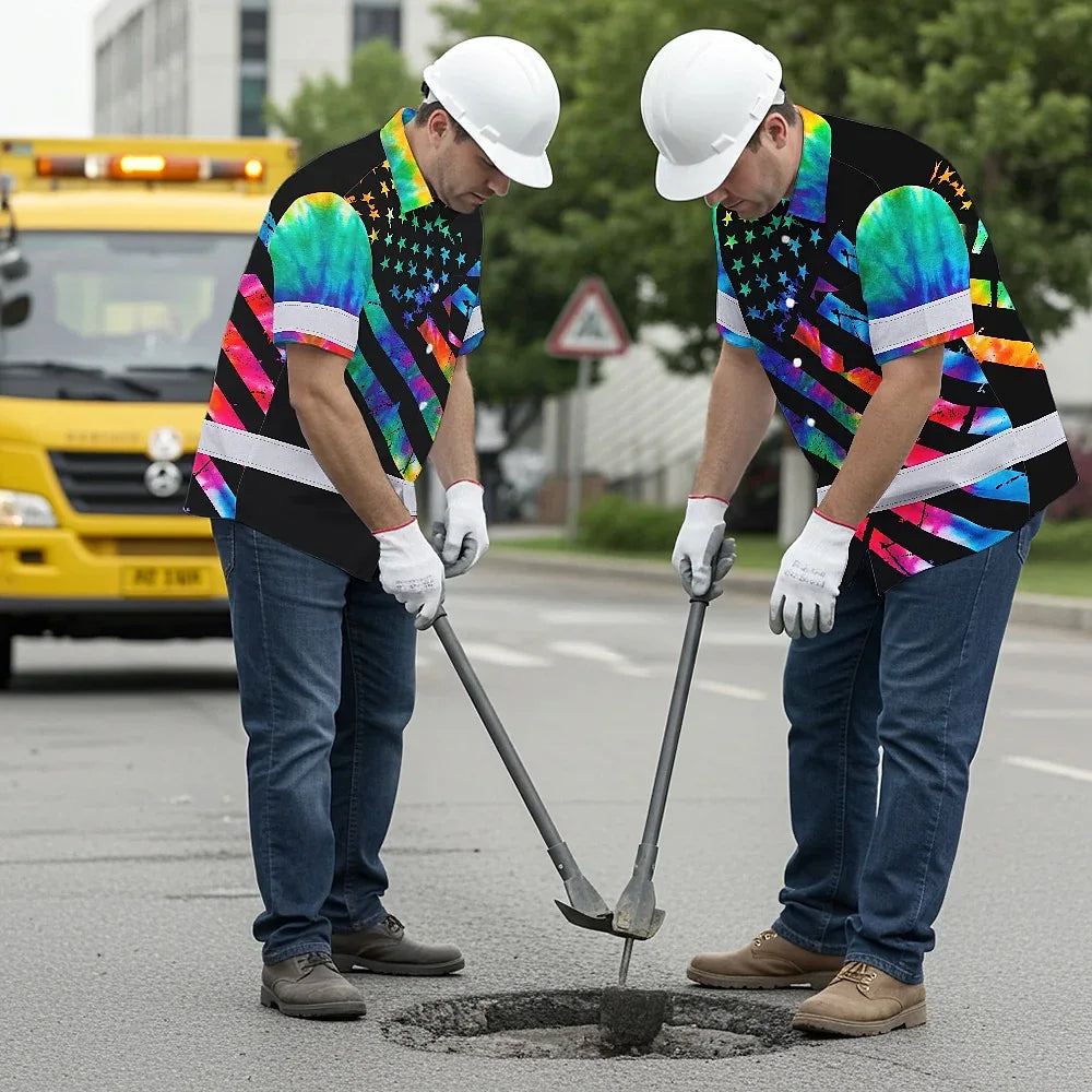 Hi Vis Hawaiian Shirt Reflective Tapes Rainbow Tie Dye Safety Workwear