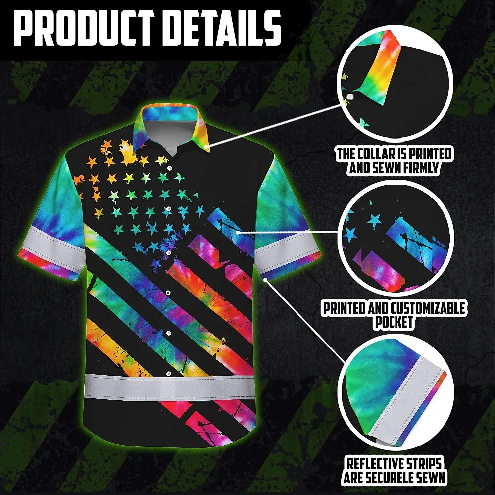 Hi Vis Hawaiian Shirt Reflective Tapes Rainbow Tie Dye Safety Workwear