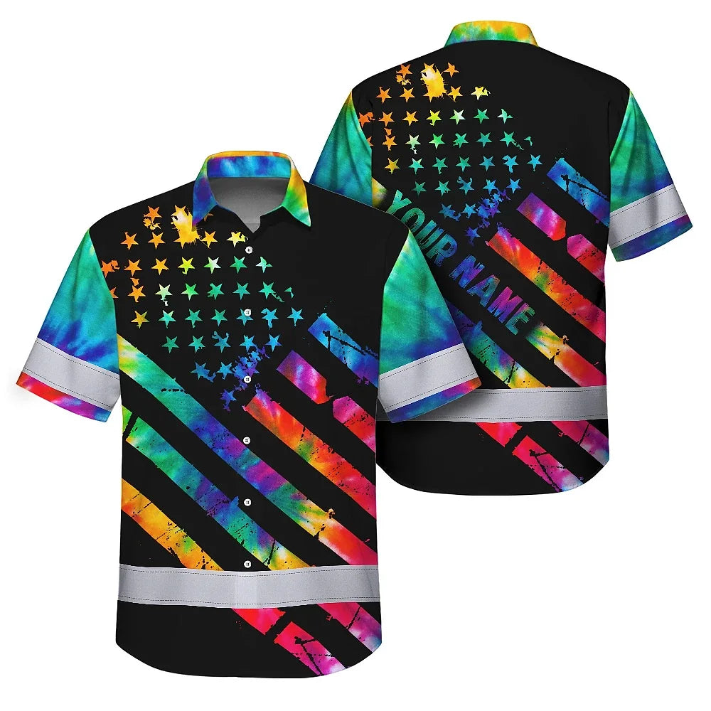 Hi Vis Hawaiian Shirt Reflective Tapes Rainbow Tie Dye Safety Workwear