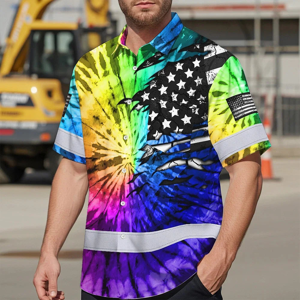 Hi Vis Hawaiian Shirt Reflective Tapes Rainbow Tie Dye US Flag Scratch Custom Name Safety Workwear For Workers, Runners, Cyclists