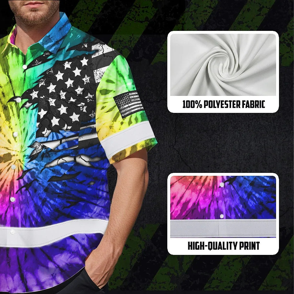 Hi Vis Hawaiian Shirt Reflective Tapes Rainbow Tie Dye US Flag Scratch Custom Name Safety Workwear For Workers, Runners, Cyclists
