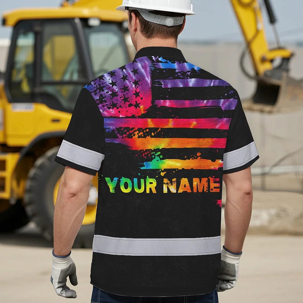 Hi Vis Hawaiian Shirt Reflective Tapes Rainbow Tie Dye US Flag Custom Name