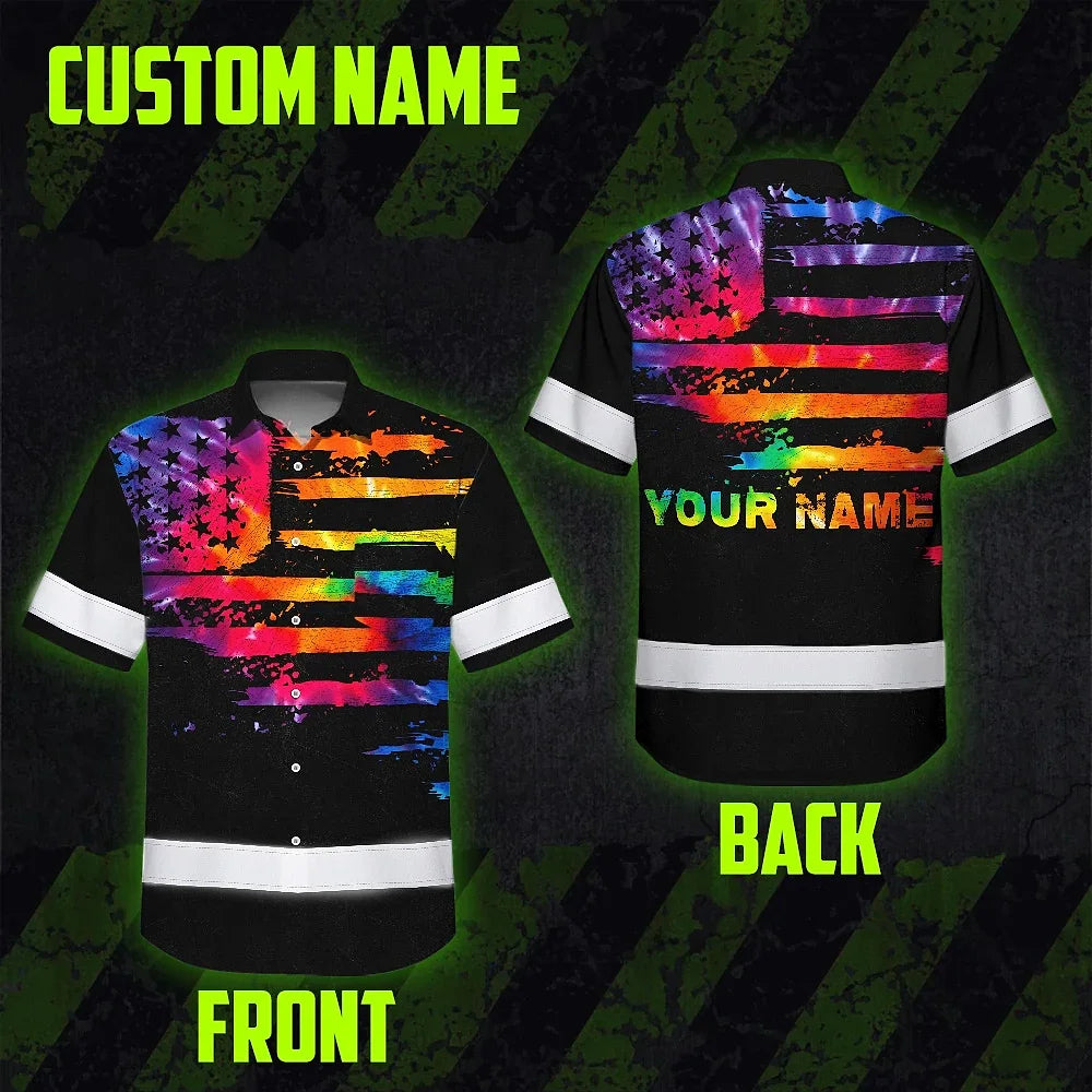 Hi Vis Hawaiian Shirt Reflective Tapes Rainbow Tie Dye US Flag Custom Name