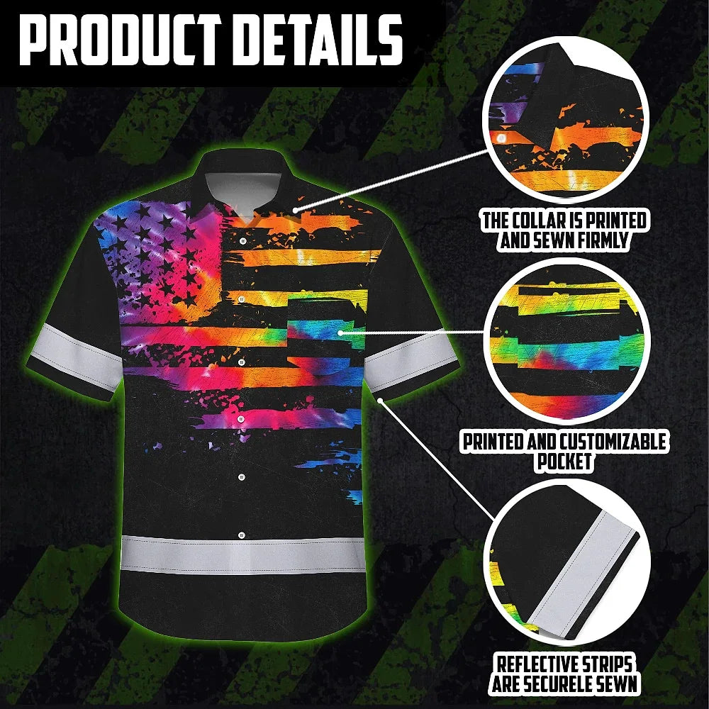 Hi Vis Hawaiian Shirt Reflective Tapes Rainbow Tie Dye US Flag Custom Name
