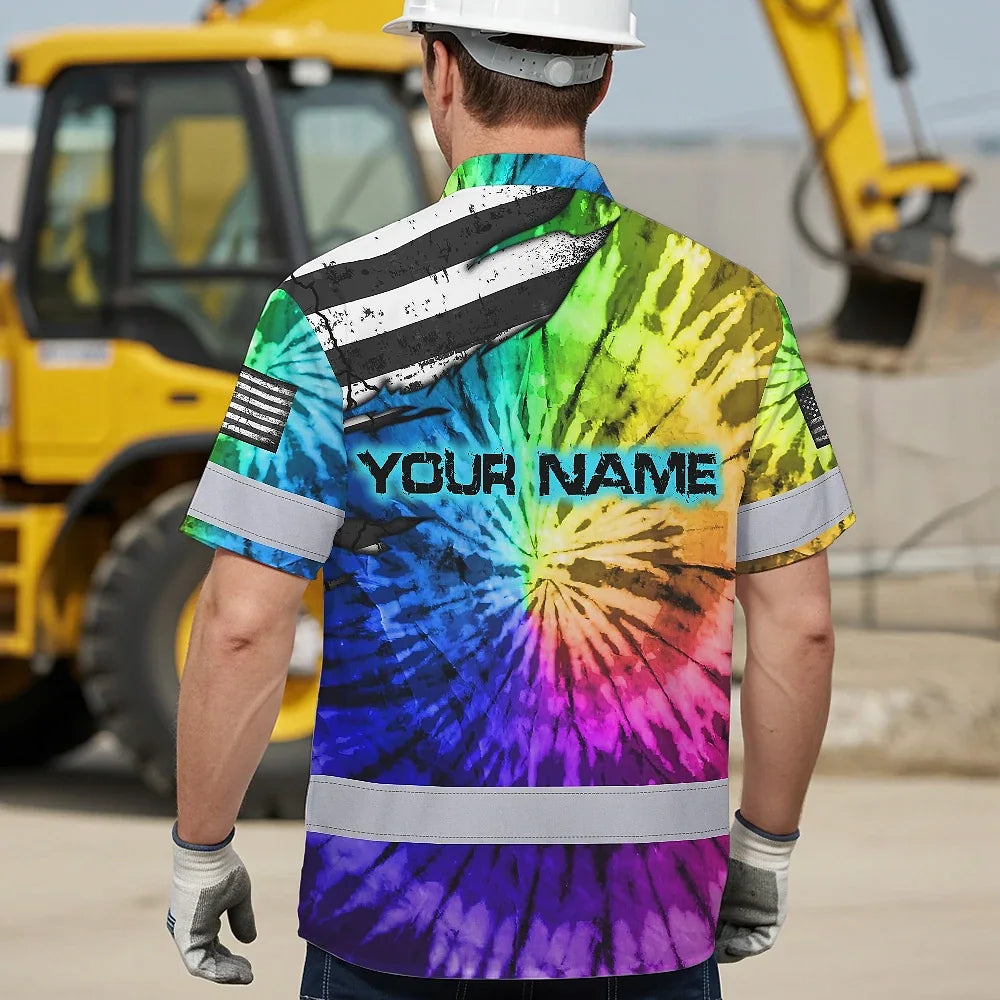 Hi Vis Hawaiian Shirt Reflective Tapes Rainbow Tie Dye US Flag Scratch Custom Name Safety Workwear For Workers, Runners, Cyclists