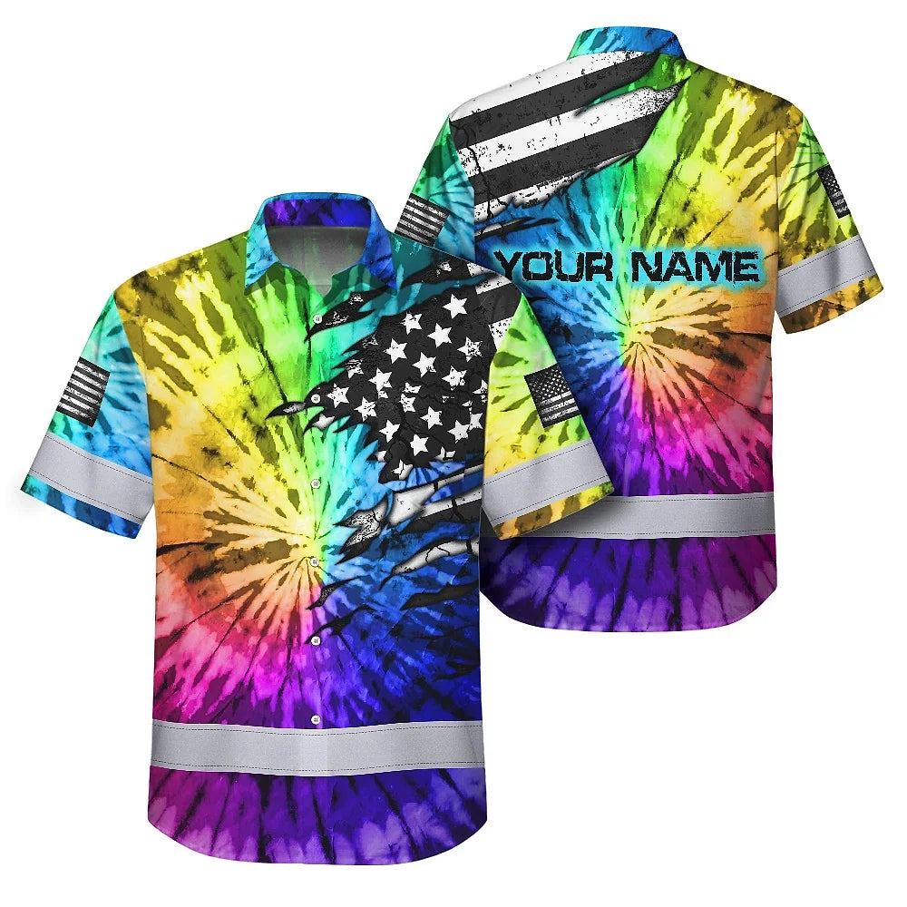 Hi Vis Hawaiian Shirt Reflective Tapes Rainbow Tie Dye US Flag Scratch Custom Name Safety Workwear For Workers, Runners, Cyclists