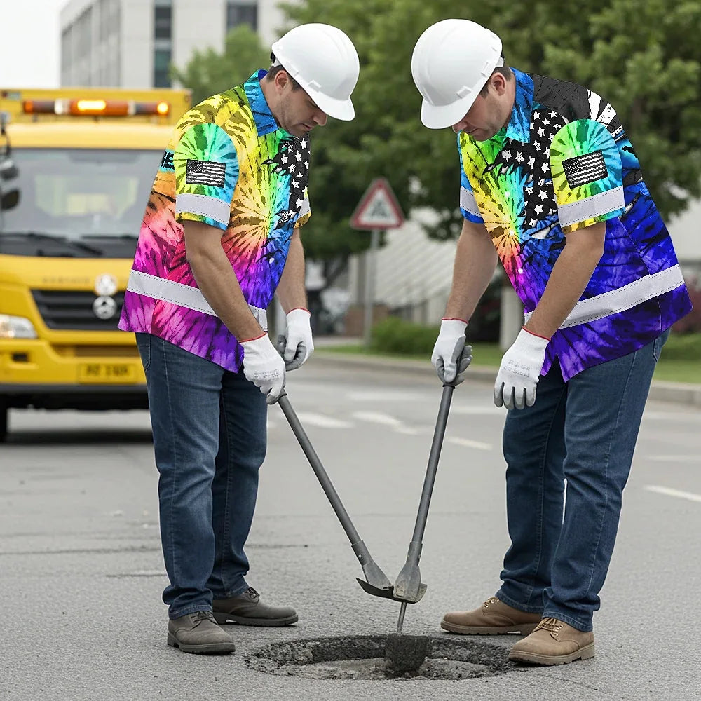 Hi Vis Hawaiian Shirt Reflective Tapes Rainbow Tie Dye US Flag Scratch Custom Name Safety Workwear For Workers, Runners, Cyclists