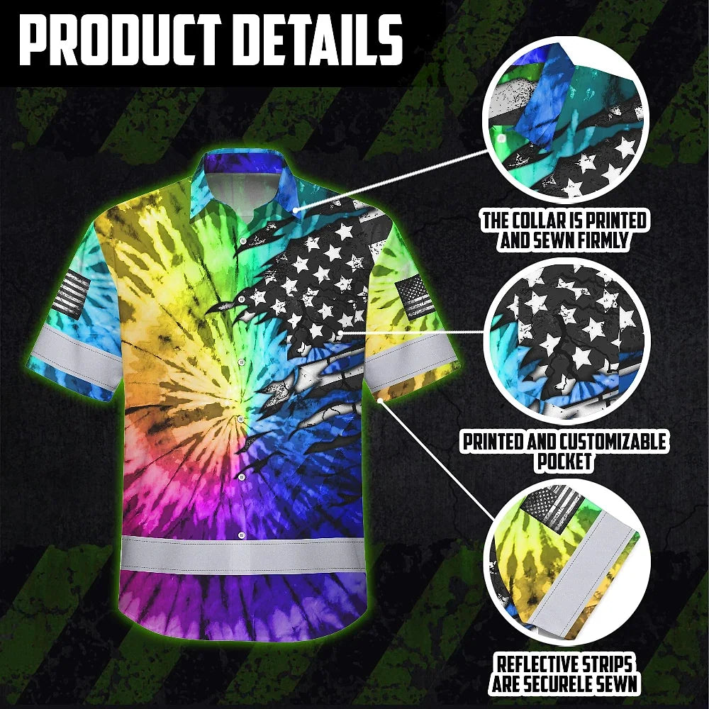 Hi Vis Hawaiian Shirt Reflective Tapes Rainbow Tie Dye US Flag Scratch Custom Name Safety Workwear For Workers, Runners, Cyclists