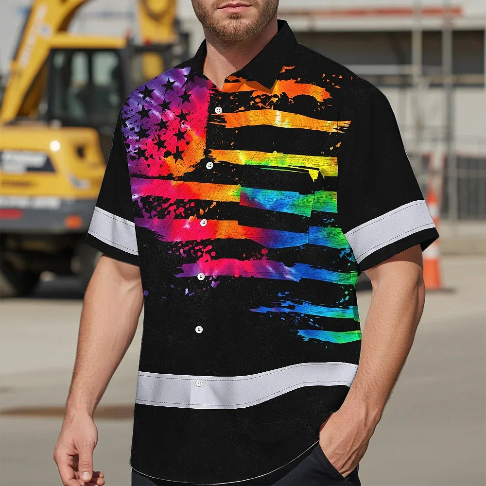 Hi Vis Hawaiian Shirt Reflective Tapes Rainbow Tie Dye US Flag Custom Name
