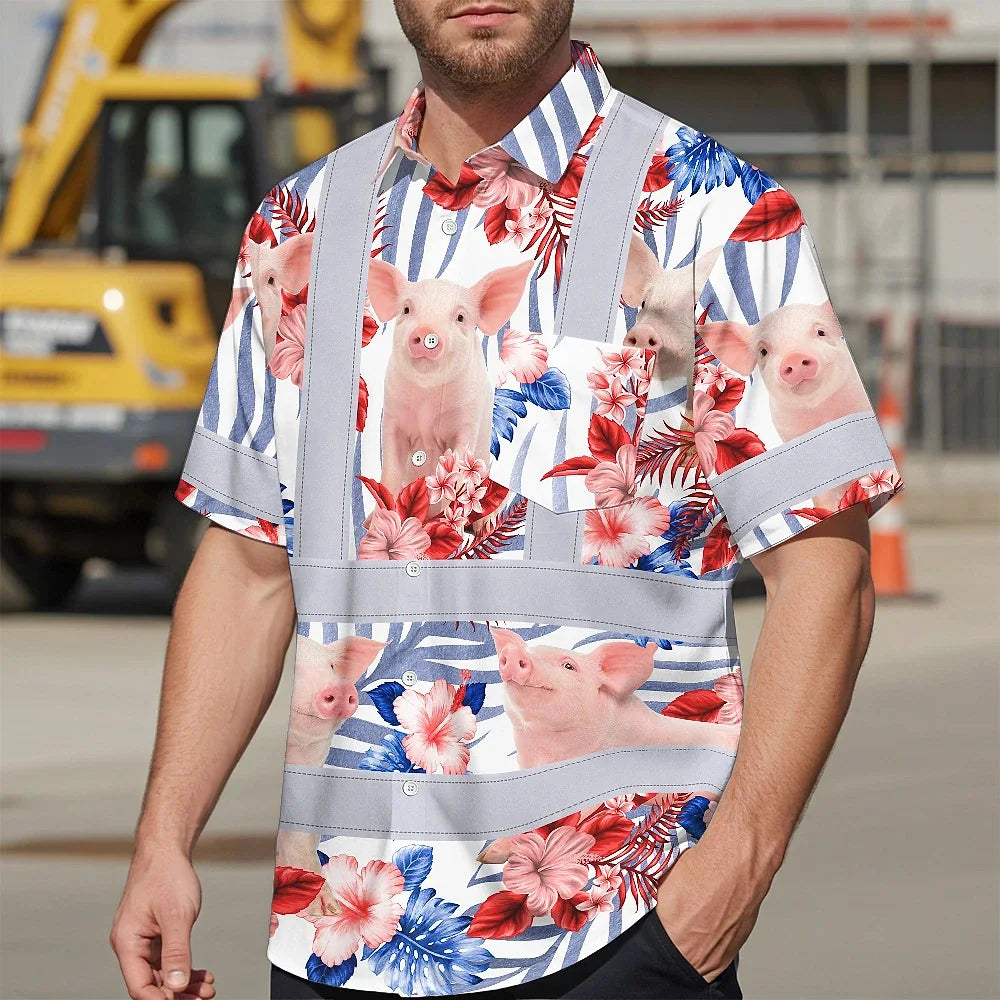 Hi Vis Hawaiian Shirt Reflective Tapes Red And Blue Pig Custom Name Safety Workwear For Workers, Truckers, Operators, Company