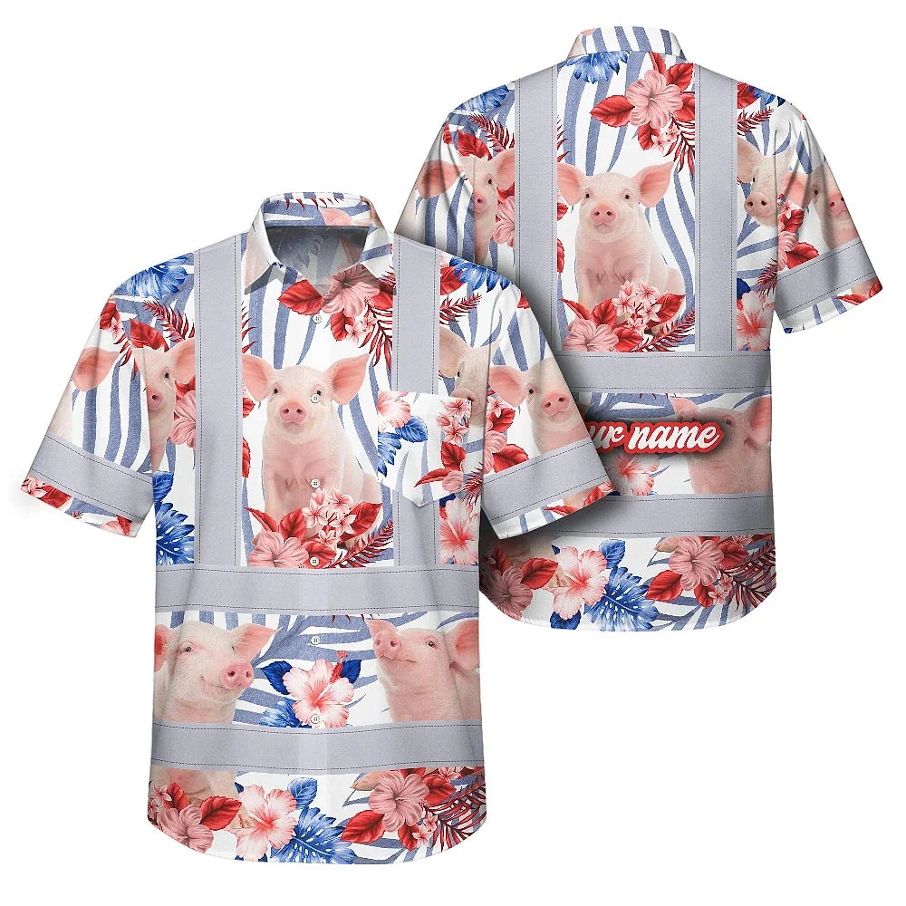 Hi Vis Hawaiian Shirt Reflective Tapes Red And Blue Pig Custom Name Safety Workwear For Workers, Truckers, Operators, Company