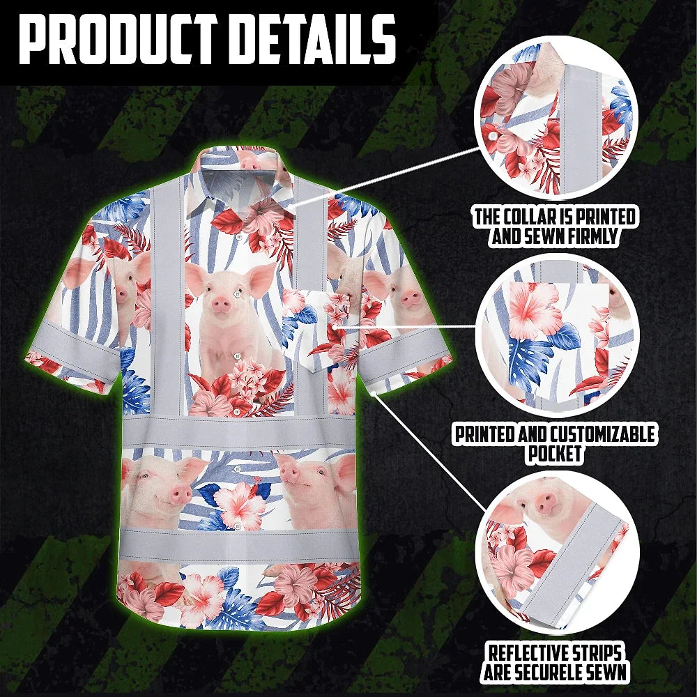 Hi Vis Hawaiian Shirt Reflective Tapes Red And Blue Pig Custom Name Safety Workwear For Workers, Truckers, Operators, Company