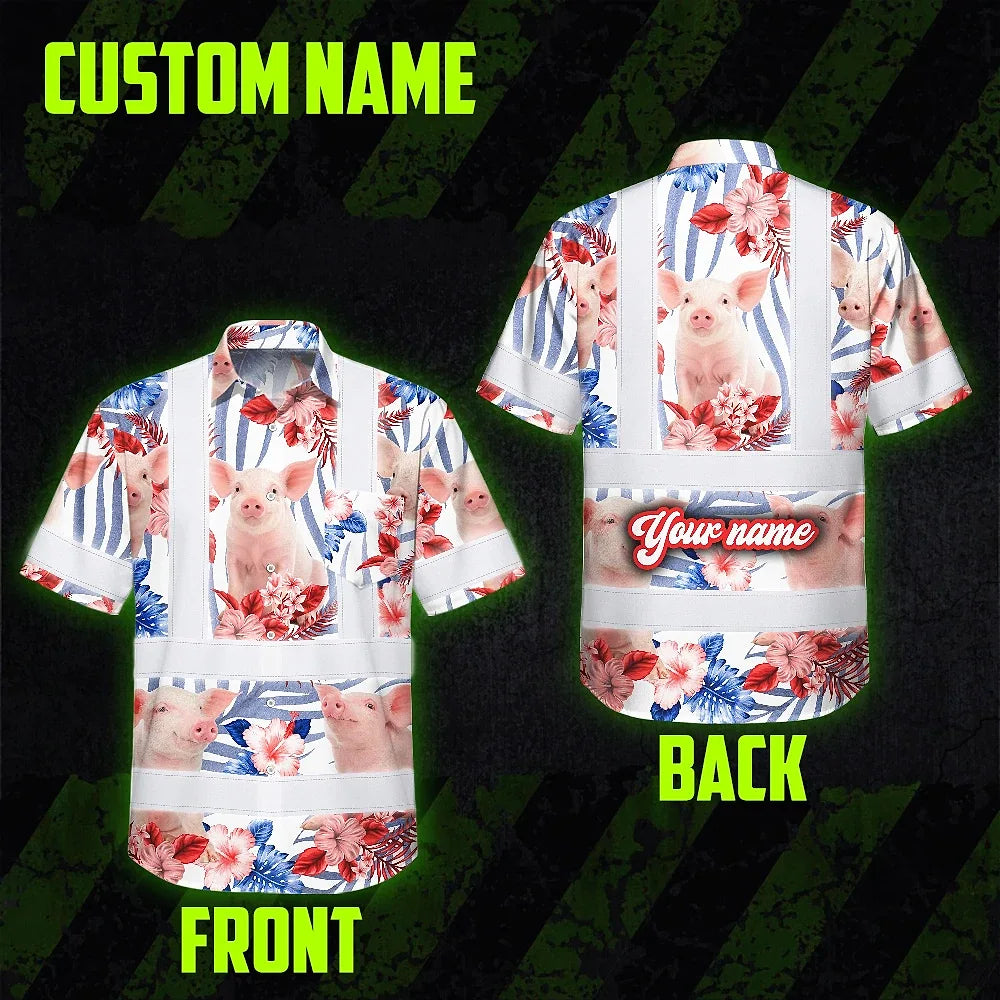 Hi Vis Hawaiian Shirt Reflective Tapes Red And Blue Pig Custom Name Safety Workwear For Workers, Truckers, Operators, Company