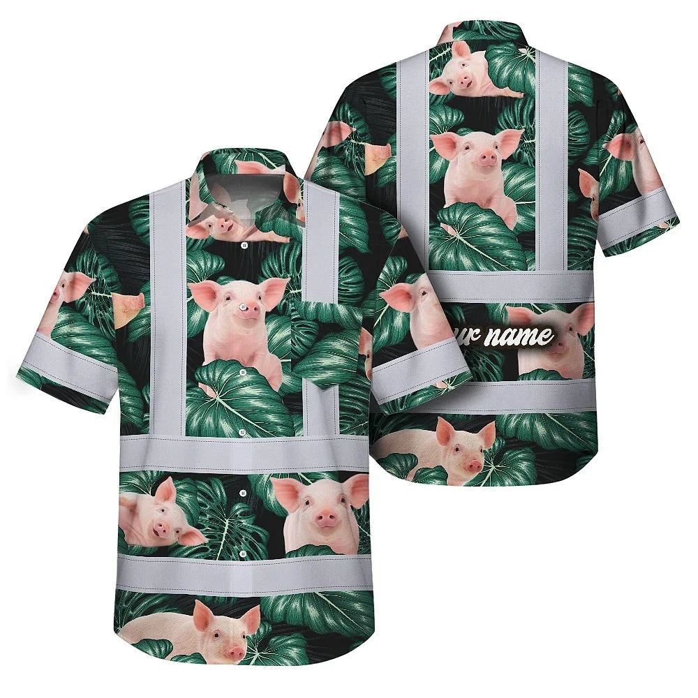 Hi Vis Hawaiian Shirt Reflective Tapes Red And Green Pig Custom Name Safety Workwear For Workers, Truckers, Operators, Company