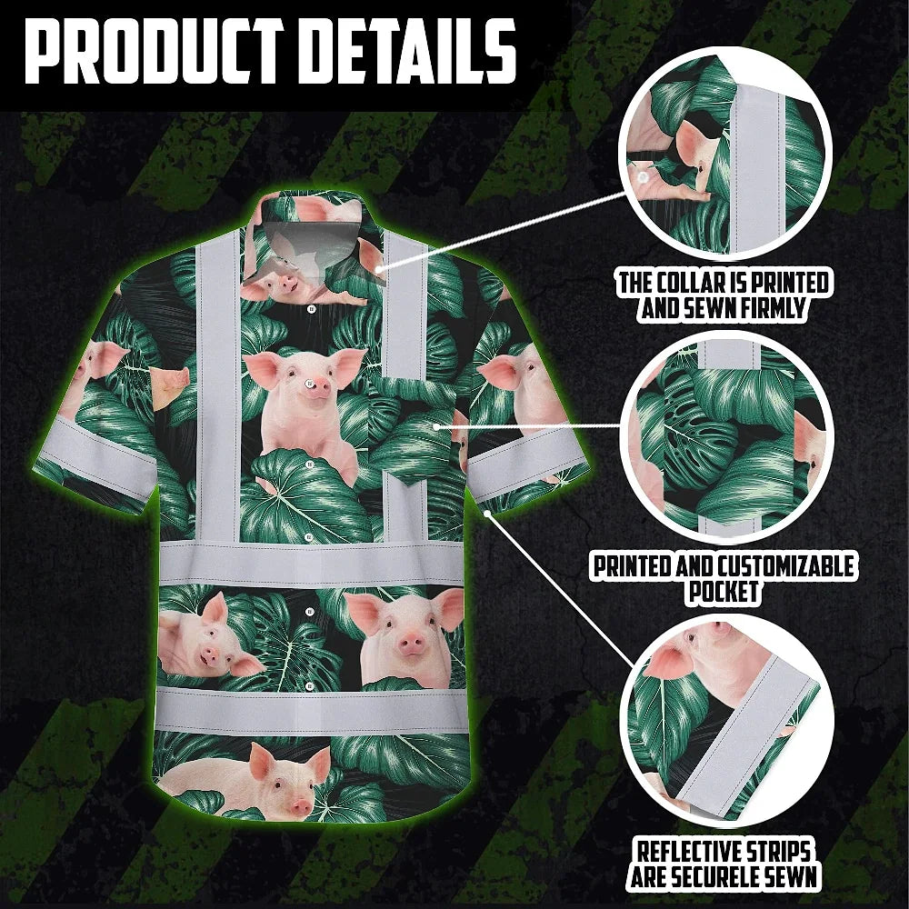 Hi Vis Hawaiian Shirt Reflective Tapes Red And Green Pig Custom Name Safety Workwear For Workers, Truckers, Operators, Company