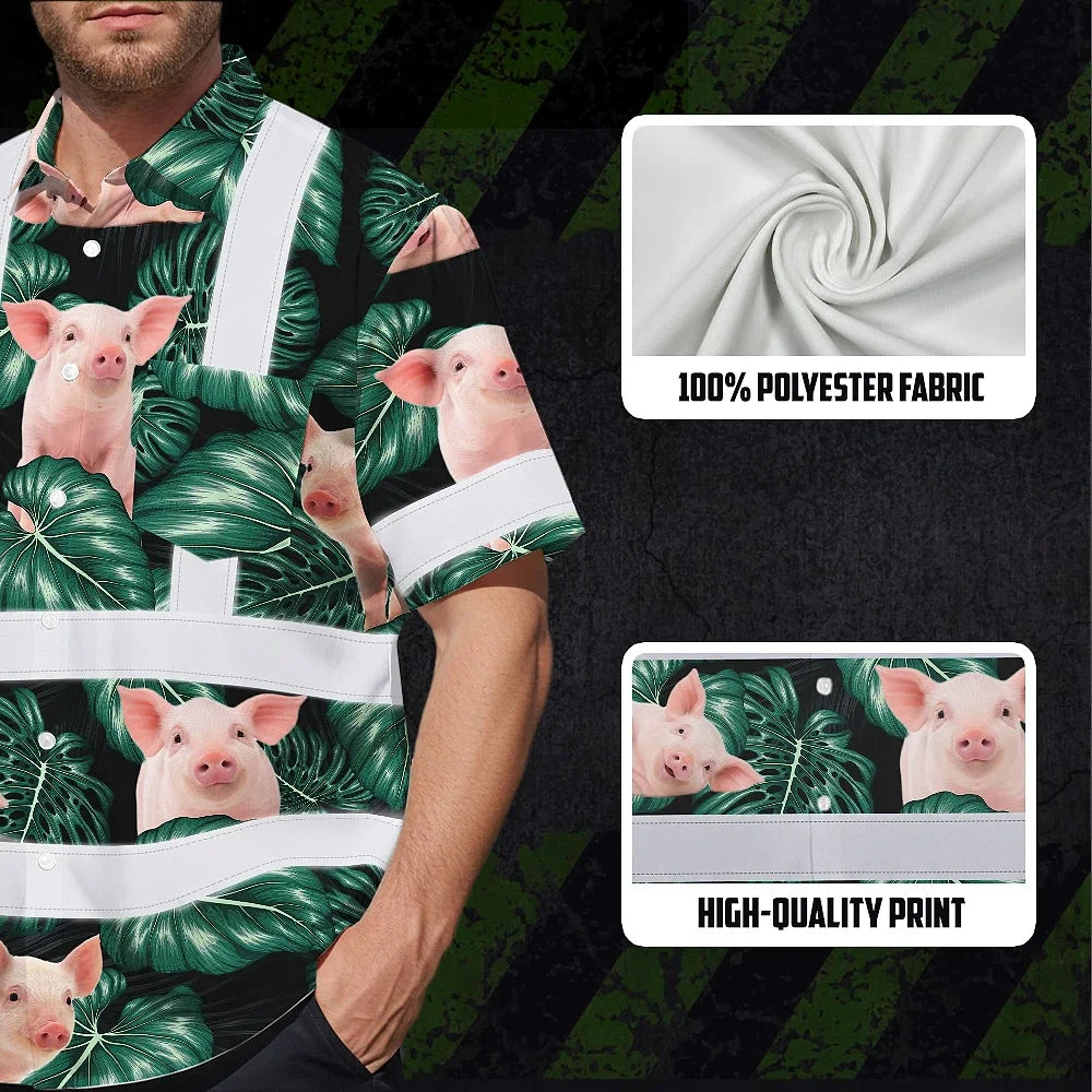 Hi Vis Hawaiian Shirt Reflective Tapes Red And Green Pig Custom Name Safety Workwear For Workers, Truckers, Operators, Company