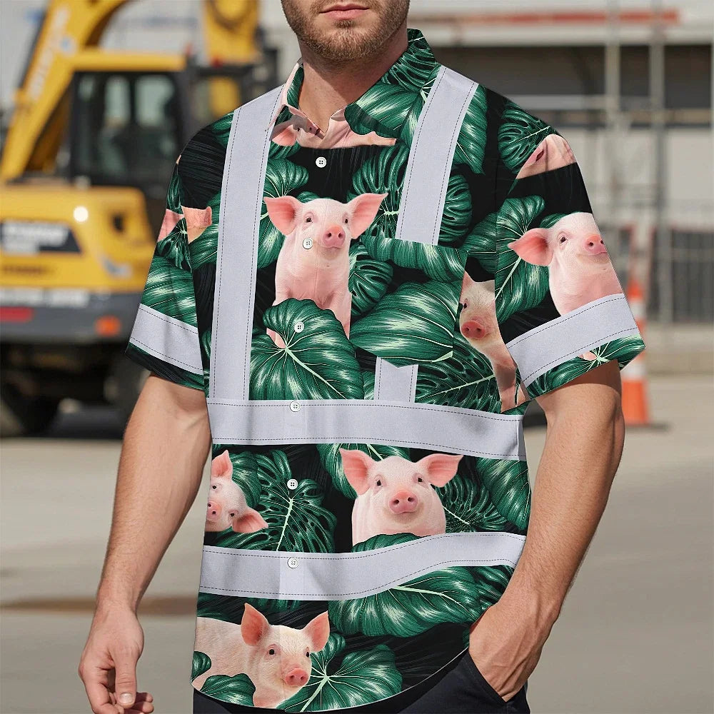 Hi Vis Hawaiian Shirt Reflective Tapes Red And Green Pig Custom Name Safety Workwear For Workers, Truckers, Operators, Company