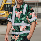 Hi Vis Hawaiian Shirt Reflective Tapes Red And Green Pig Custom Name Safety Workwear For Workers, Truckers, Operators, Company