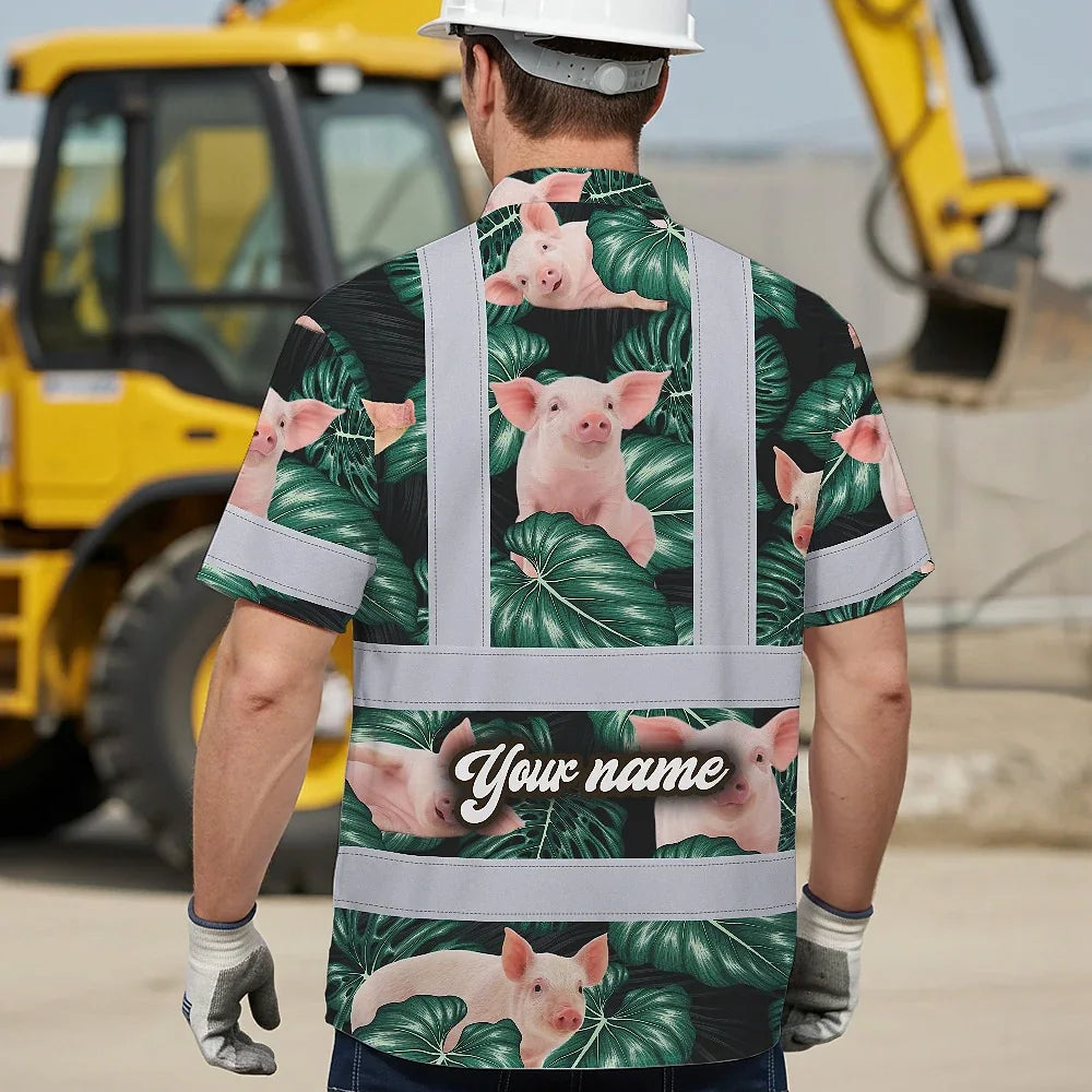 Hi Vis Hawaiian Shirt Reflective Tapes Red And Green Pig Custom Name Safety Workwear For Workers, Truckers, Operators, Company