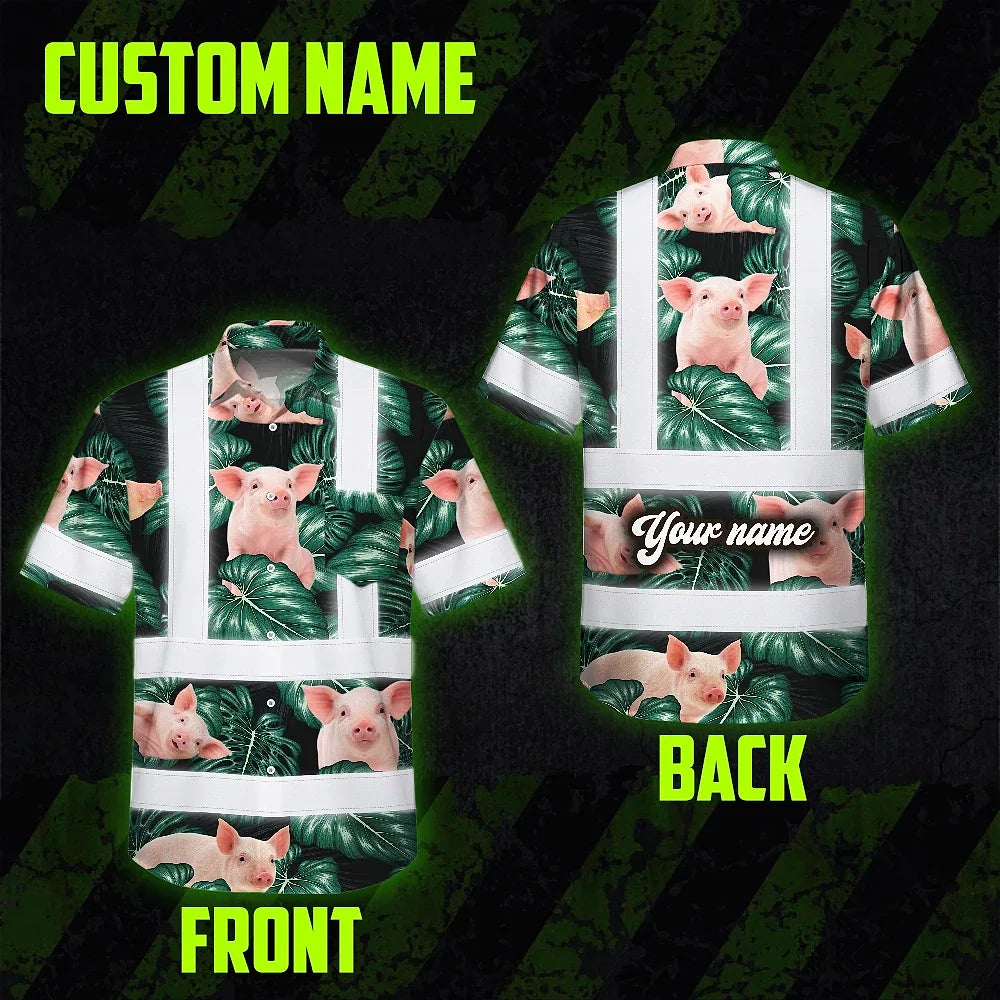 Hi Vis Hawaiian Shirt Reflective Tapes Red And Green Pig Custom Name Safety Workwear For Workers, Truckers, Operators, Company