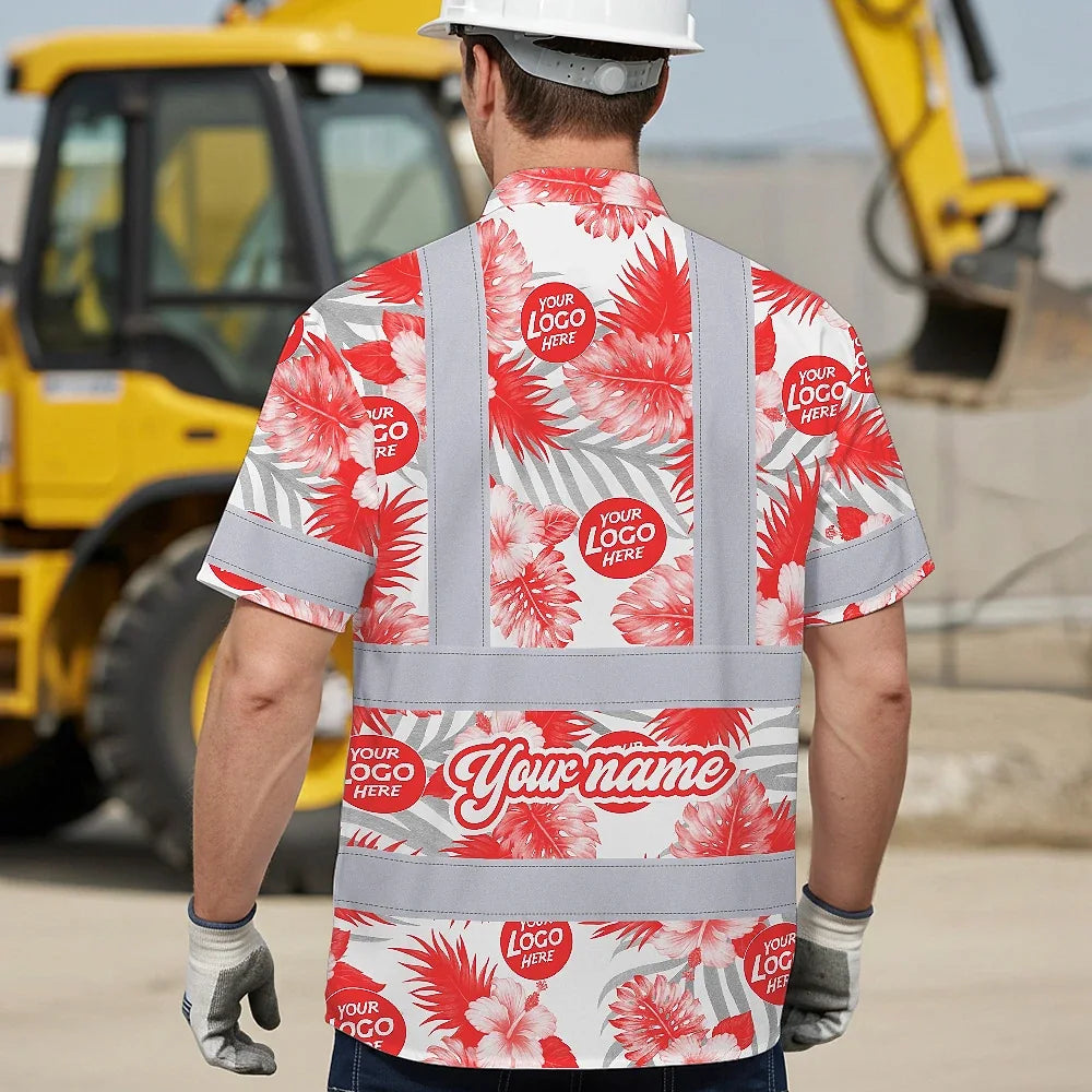 Hi Vis Hawaiian Shirt Reflective Tapes Red And White Flowers 2 Custom Name And Logo Safety Workwear For Workers, Truckers, Operators, Company