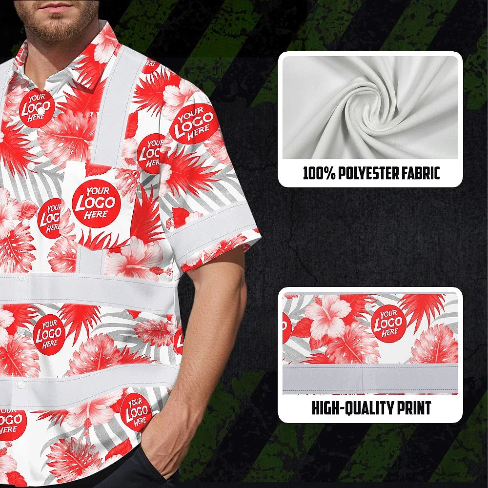 Hi Vis Hawaiian Shirt Reflective Tapes Red And White Flowers 2 Custom Name And Logo Safety Workwear For Workers, Truckers, Operators, Company