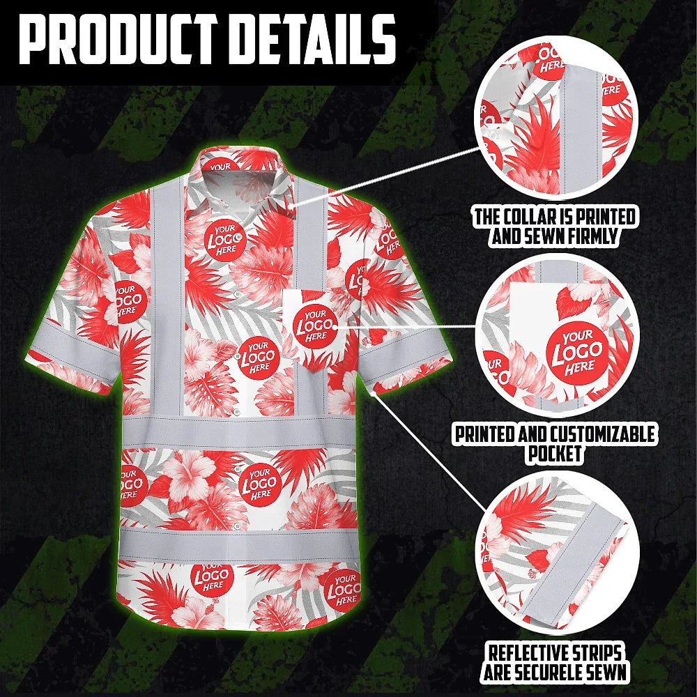 Hi Vis Hawaiian Shirt Reflective Tapes Red And White Flowers 2 Custom Name And Logo Safety Workwear For Workers, Truckers, Operators, Company