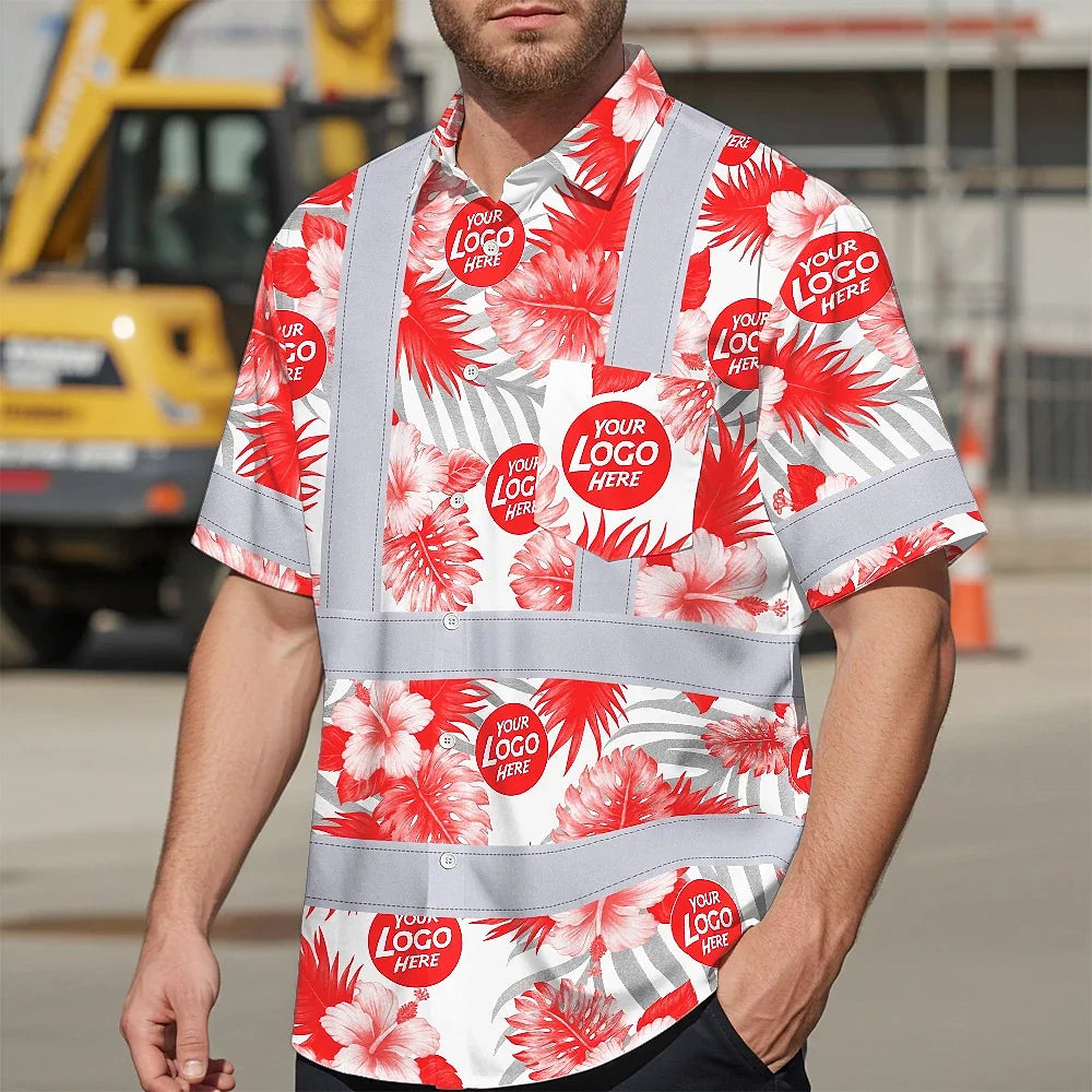 Hi Vis Hawaiian Shirt Reflective Tapes Red And White Flowers 2 Custom Name And Logo Safety Workwear For Workers, Truckers, Operators, Company
