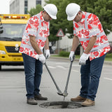 Hi Vis Hawaiian Shirt Reflective Tapes Red And White Flowers 2 Custom Name And Logo Safety Workwear For Workers, Truckers, Operators, Company
