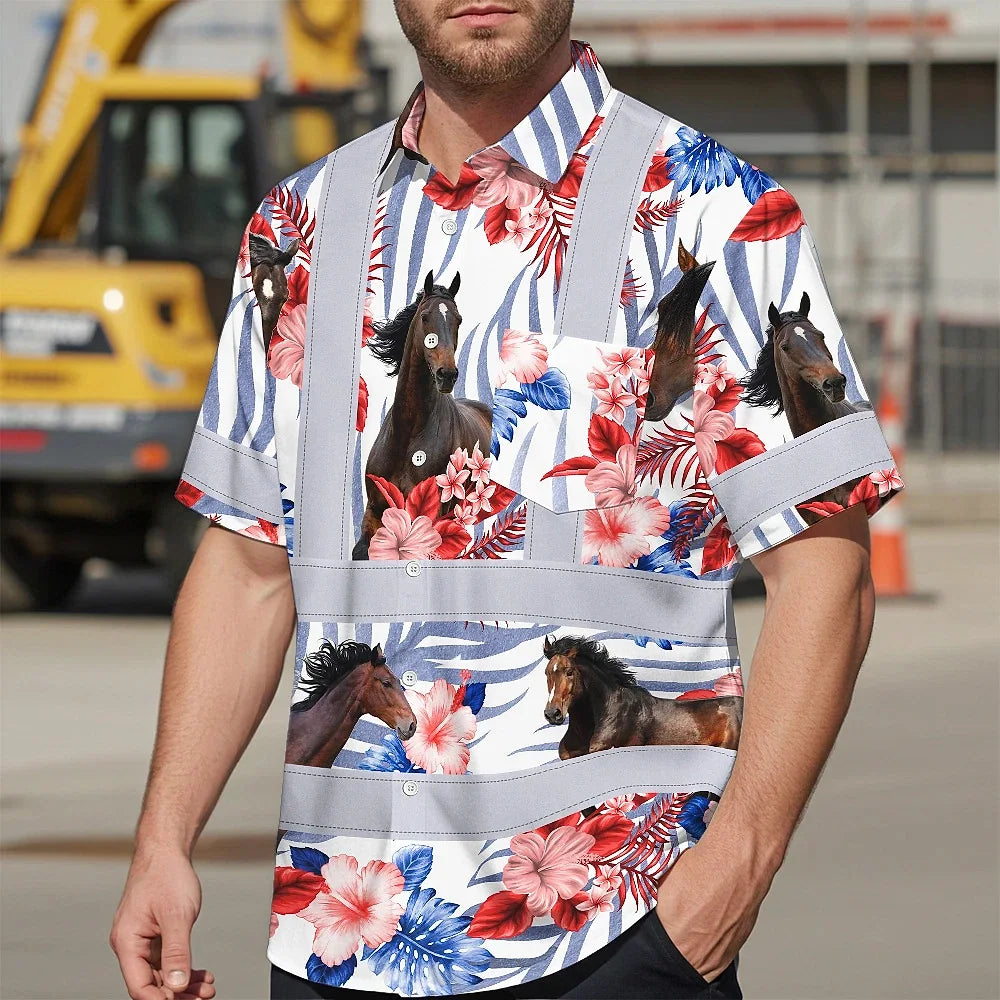 Hi Vis Hawaiian Shirt Reflective Tapes Red Blue And Horse Custom Name Safety Workwear For Workers, Truckers, Operators, Company