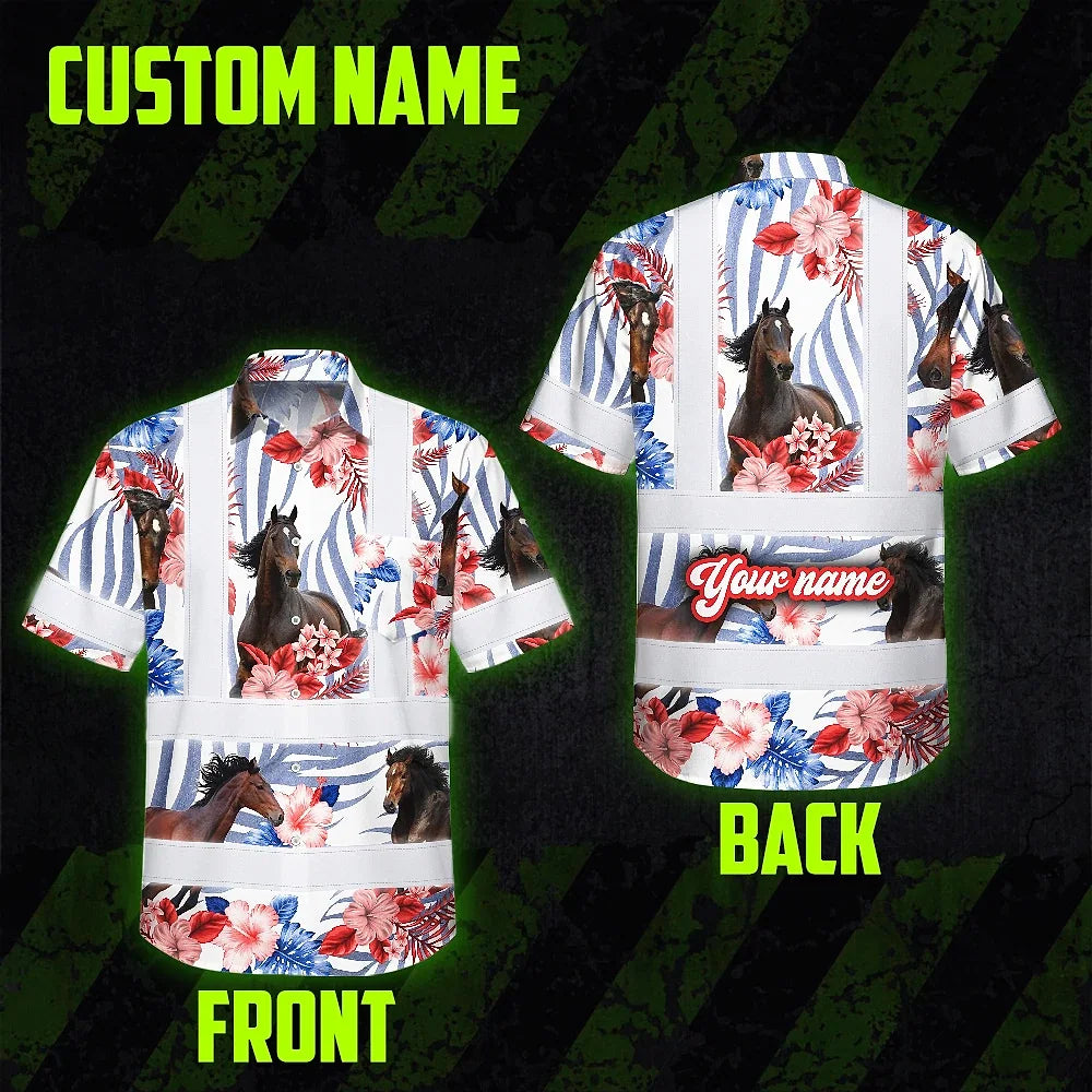 Hi Vis Hawaiian Shirt Reflective Tapes Red Blue And Horse Custom Name Safety Workwear For Workers, Truckers, Operators, Company