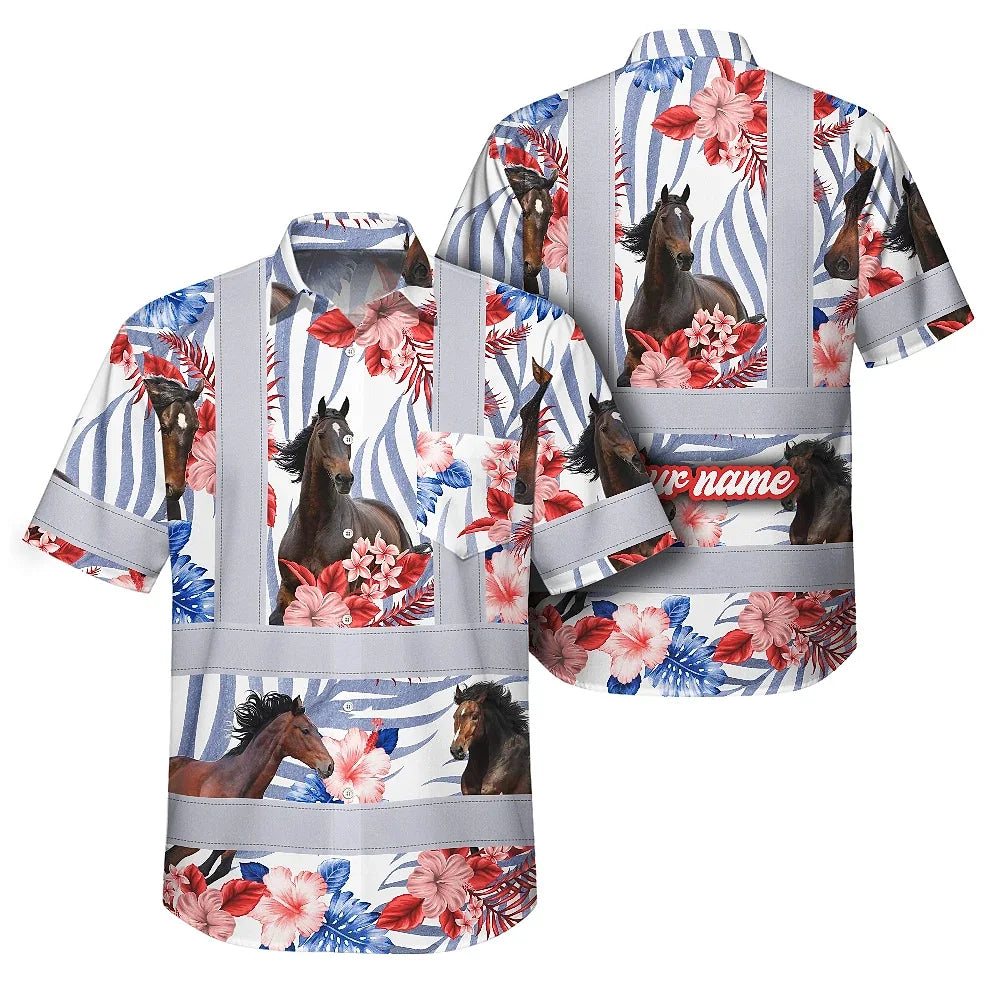Hi Vis Hawaiian Shirt Reflective Tapes Red Blue And Horse Custom Name Safety Workwear For Workers, Truckers, Operators, Company