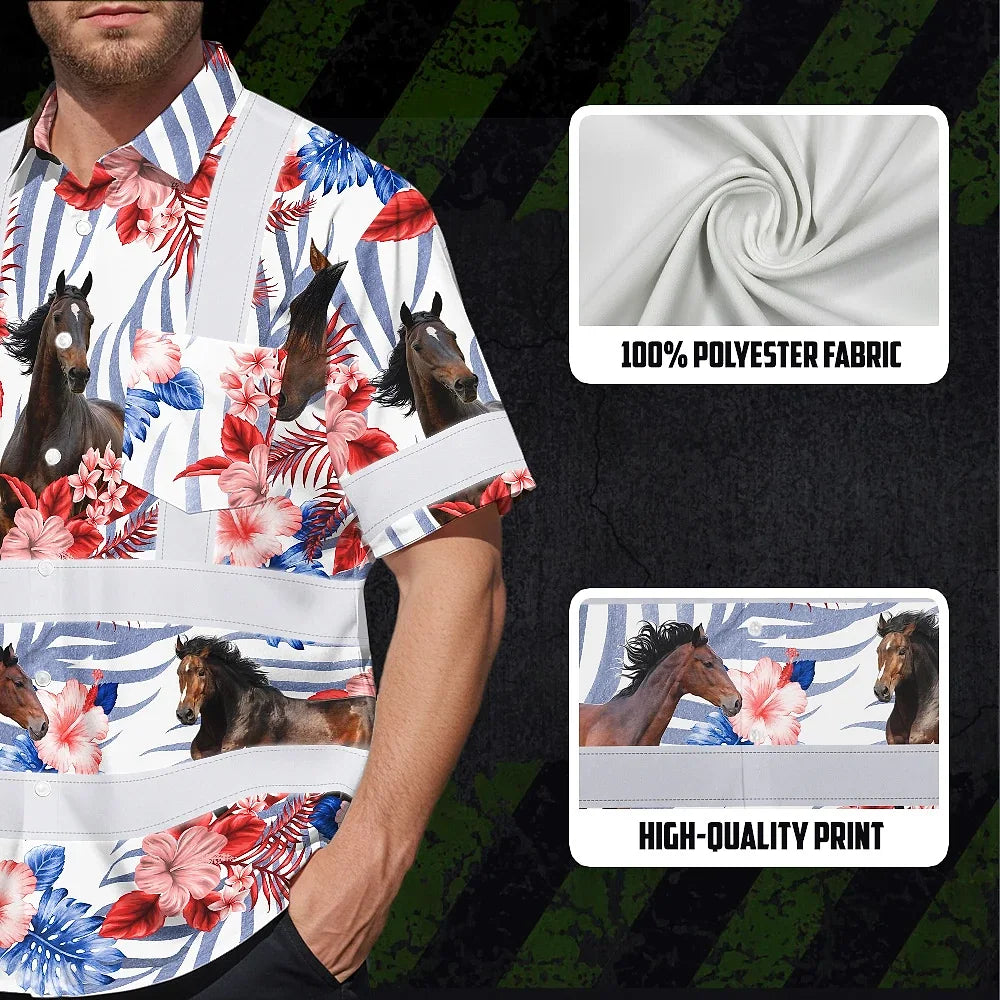 Hi Vis Hawaiian Shirt Reflective Tapes Red Blue And Horse Custom Name Safety Workwear For Workers, Truckers, Operators, Company
