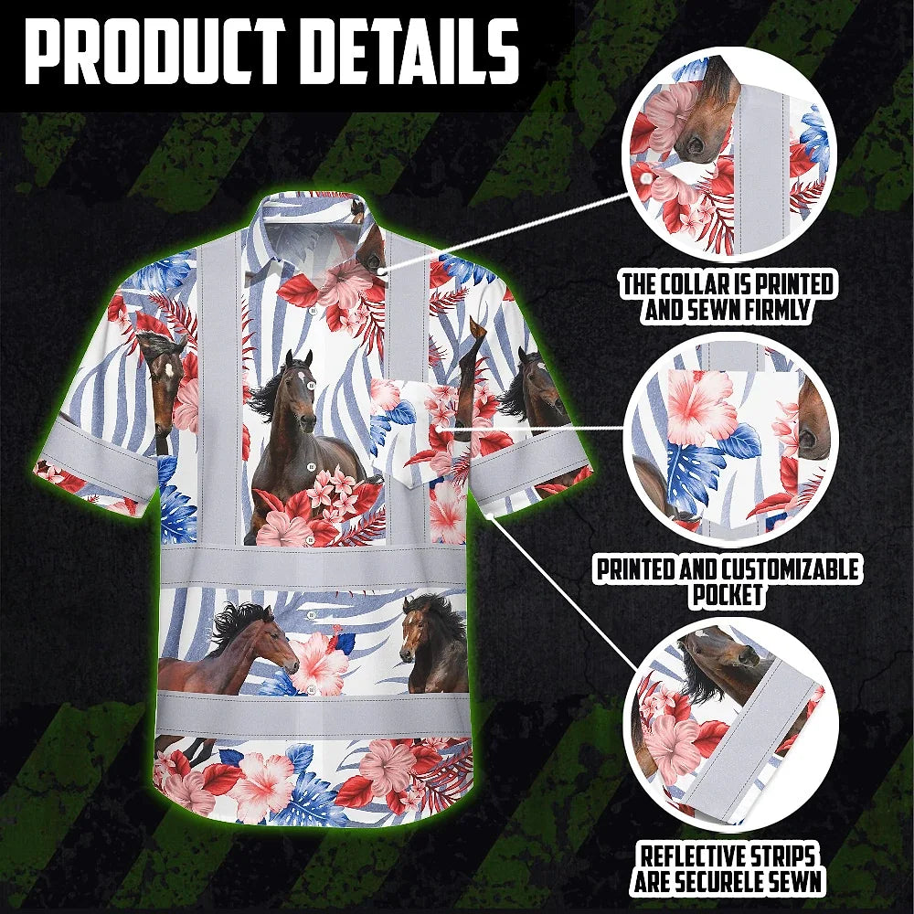 Hi Vis Hawaiian Shirt Reflective Tapes Red Blue And Horse Custom Name Safety Workwear For Workers, Truckers, Operators, Company