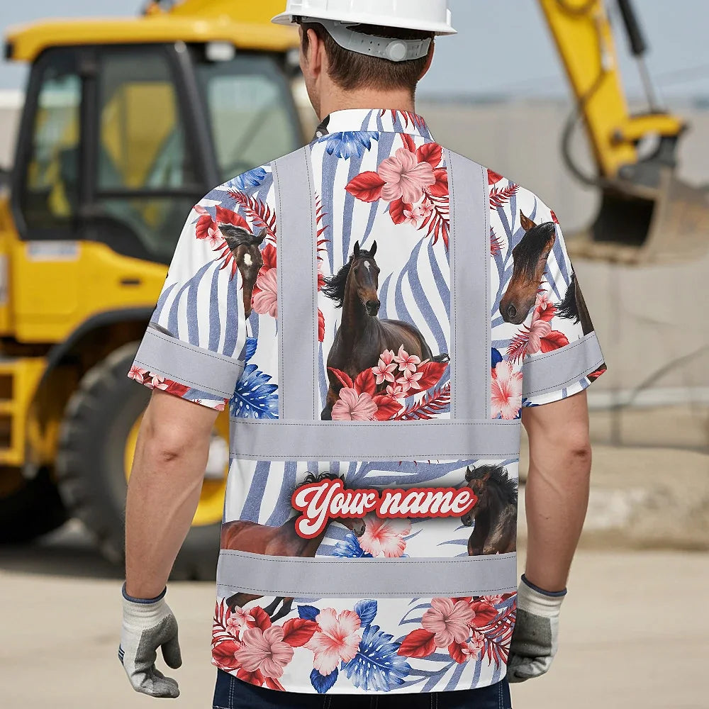 Hi Vis Hawaiian Shirt Reflective Tapes Red Blue And Horse Custom Name Safety Workwear For Workers, Truckers, Operators, Company