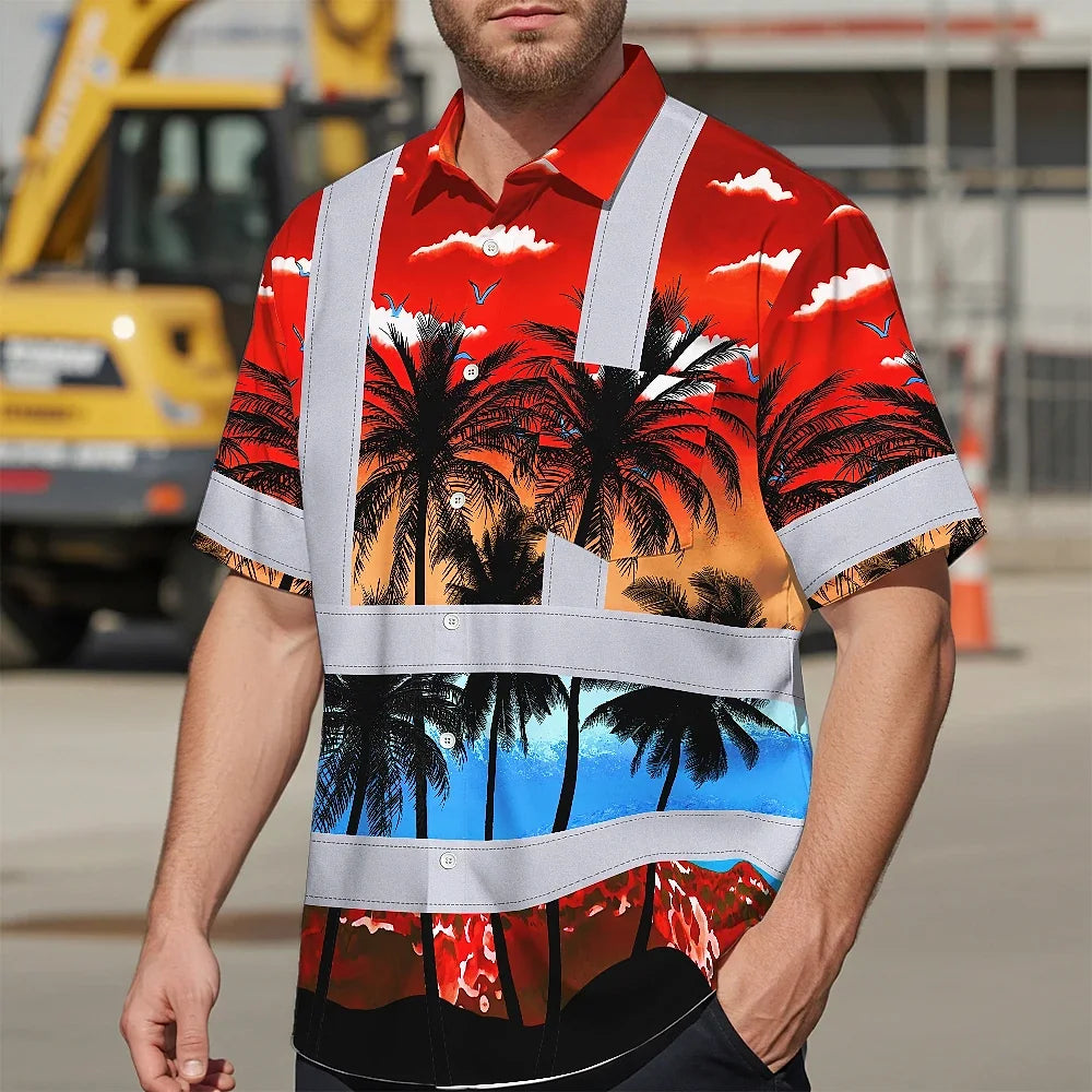 Hi Vis Hawaiian Shirt Reflective Tapes Red Coconut Tree Custom Name Safety Workwear For Workers, Truckers, Operators