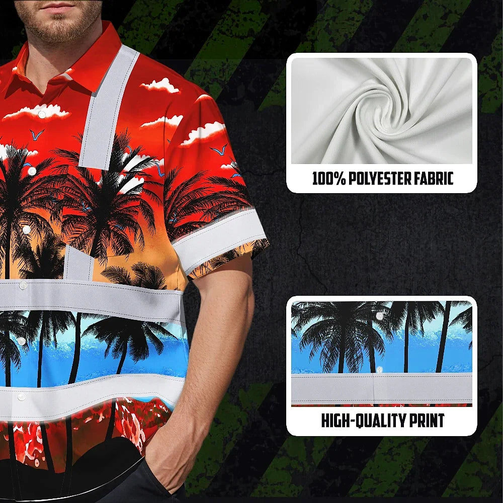 Hi Vis Hawaiian Shirt Reflective Tapes Red Coconut Tree Custom Name Safety Workwear For Workers, Truckers, Operators