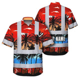 Hi Vis Hawaiian Shirt Reflective Tapes Red Coconut Tree Custom Name Safety Workwear For Workers, Truckers, Operators