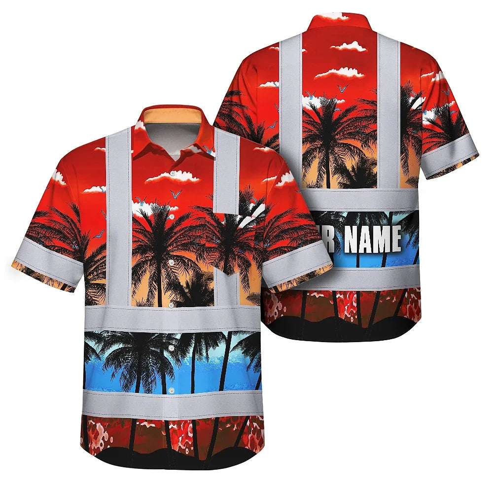 Hi Vis Hawaiian Shirt Reflective Tapes Red Coconut Tree Custom Name Safety Workwear For Workers, Truckers, Operators