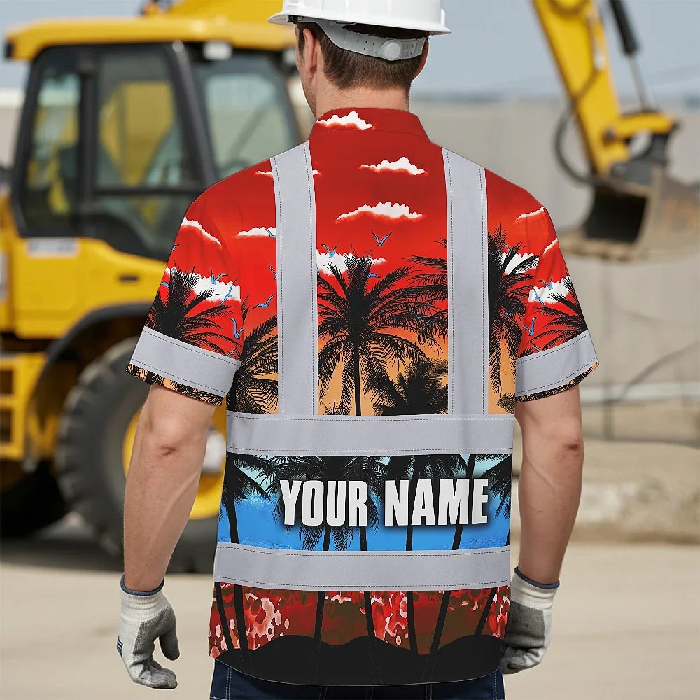 Hi Vis Hawaiian Shirt Reflective Tapes Red Coconut Tree Custom Name Safety Workwear For Workers, Truckers, Operators