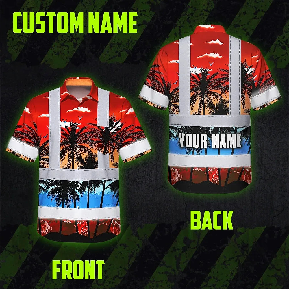 Hi Vis Hawaiian Shirt Reflective Tapes Red Coconut Tree Custom Name Safety Workwear For Workers, Truckers, Operators