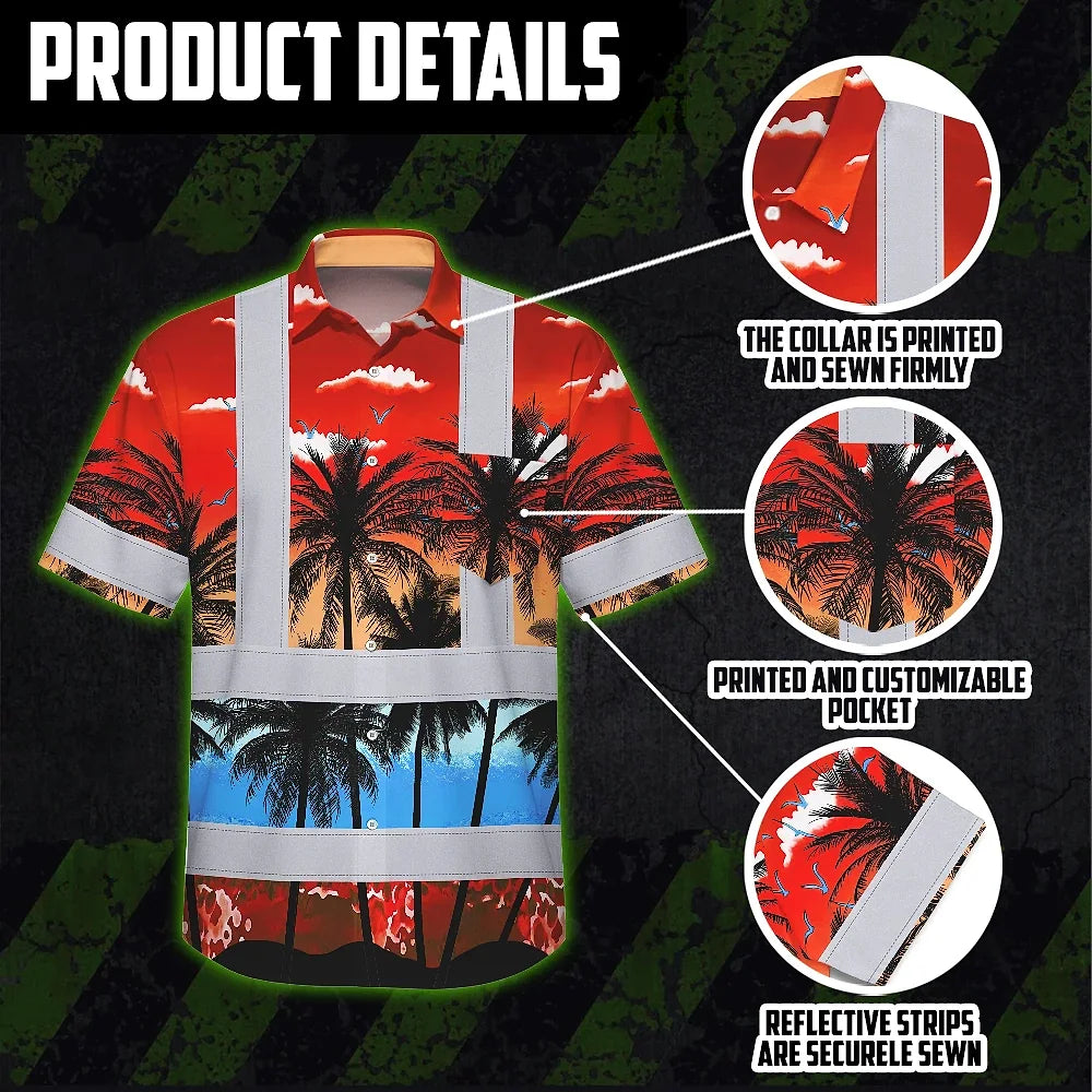 Hi Vis Hawaiian Shirt Reflective Tapes Red Coconut Tree Custom Name Safety Workwear For Workers, Truckers, Operators
